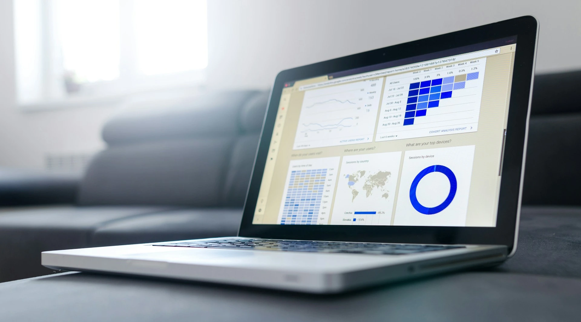 Laptop displaying analytics dashboards with charts and a world map.