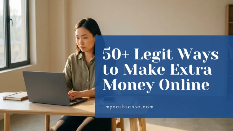 Woman working on a a laptop with a text a side ways to make extra money online