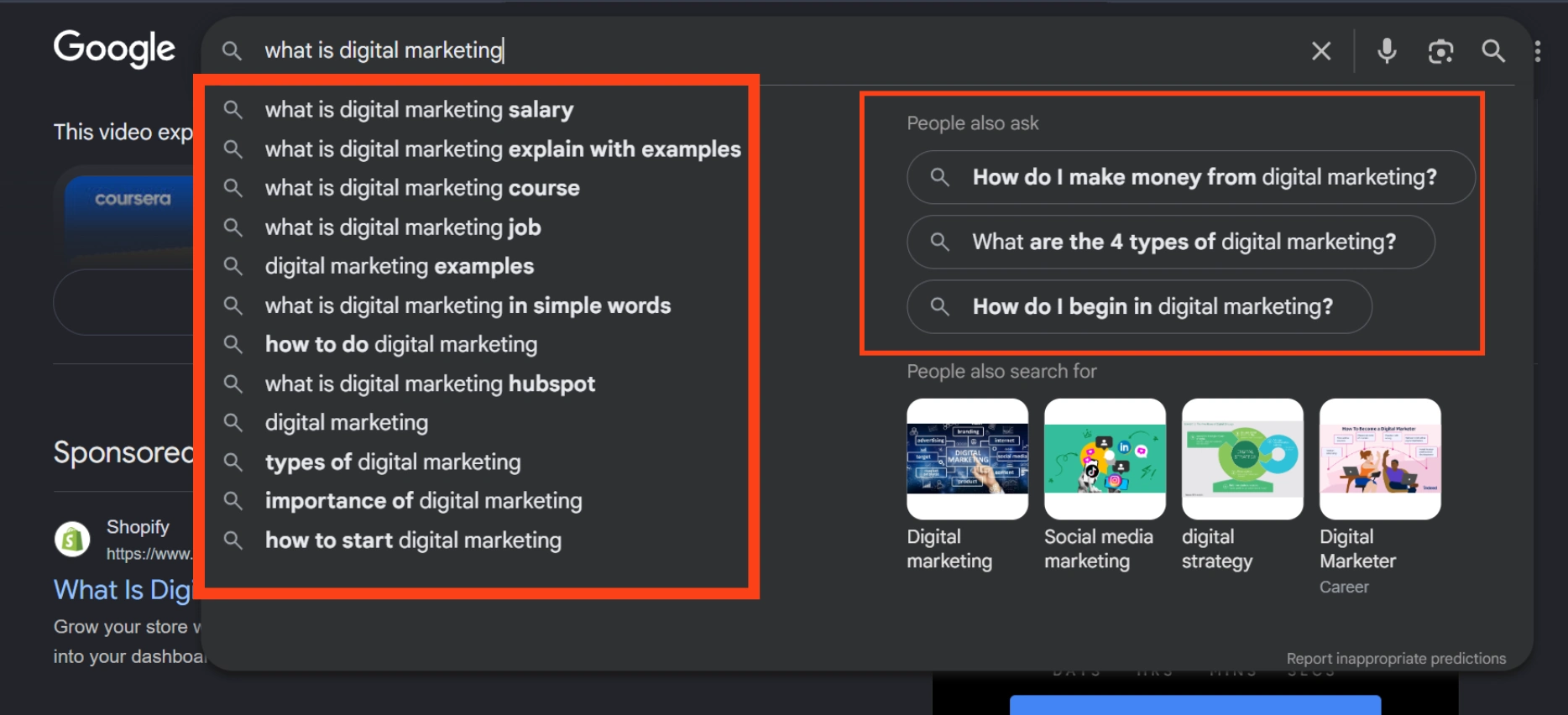 Google search interface displaying autocomplete suggestions for "what is digital marketing," related "People also ask" questions, and "People also search for" topic tiles.