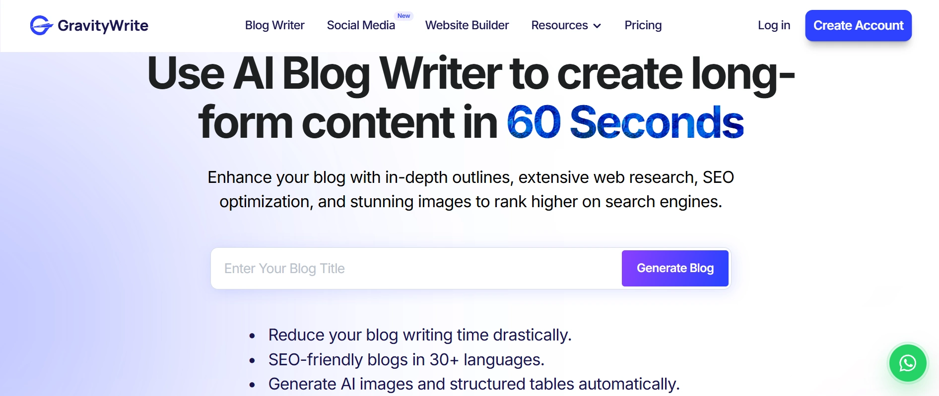 GravityWrite AI Blog Writer website shows a headline promoting long-form content creation in 60 seconds.