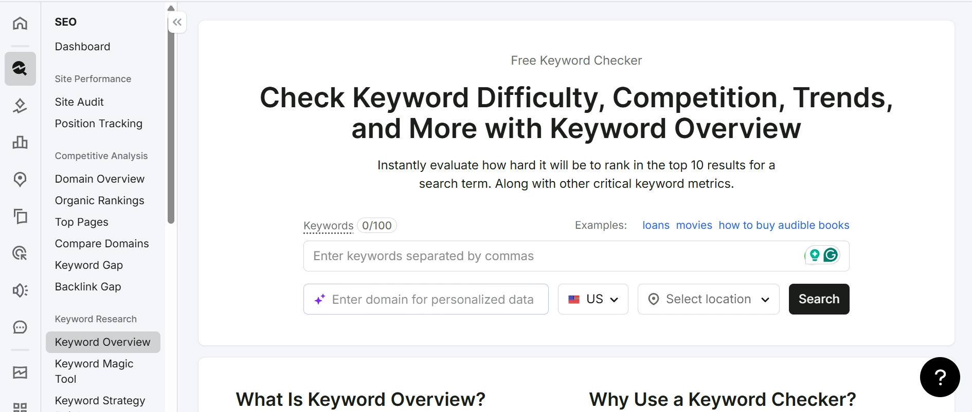Screenshot of a free keyword checker tool showing fields to enter keywords and a domain to check keyword difficulty, competition, and trends.