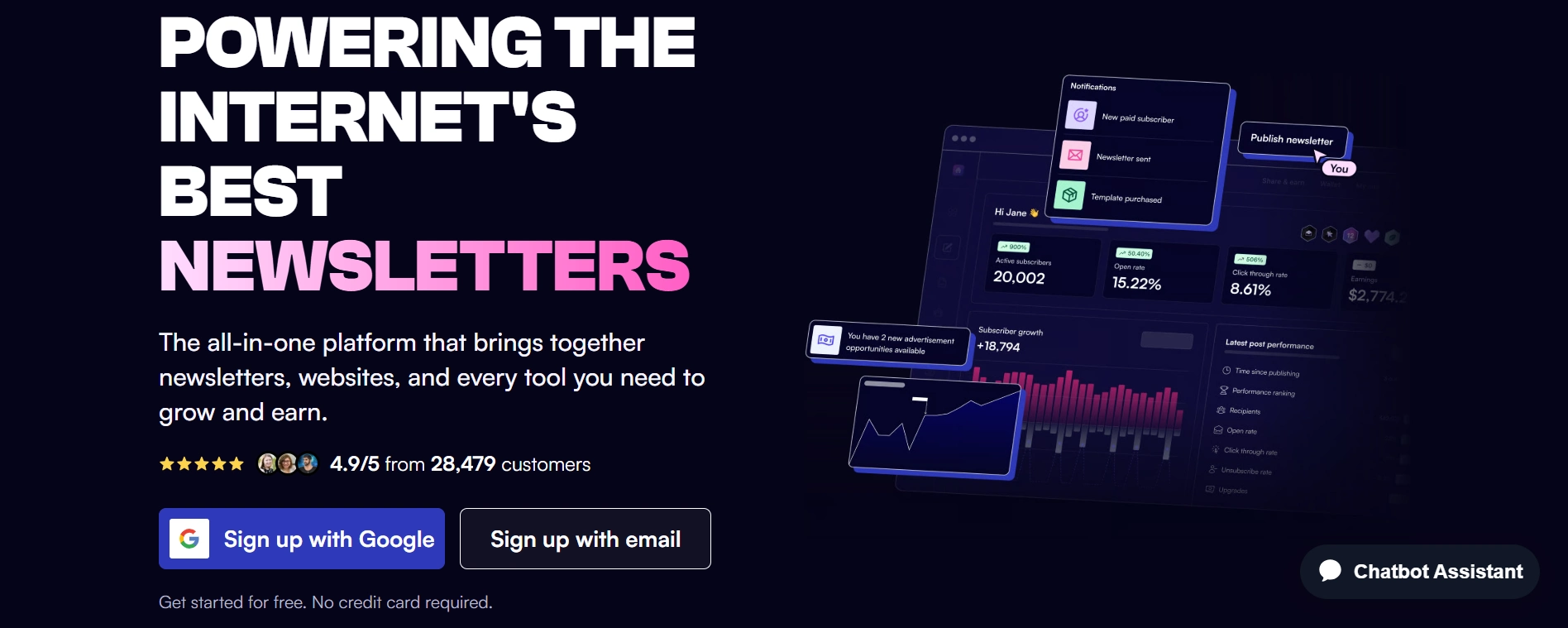 Website interface displaying "POWERING THE INTERNET'S BEST NEWSLETTERS" with analytics dashboards and signup buttons.