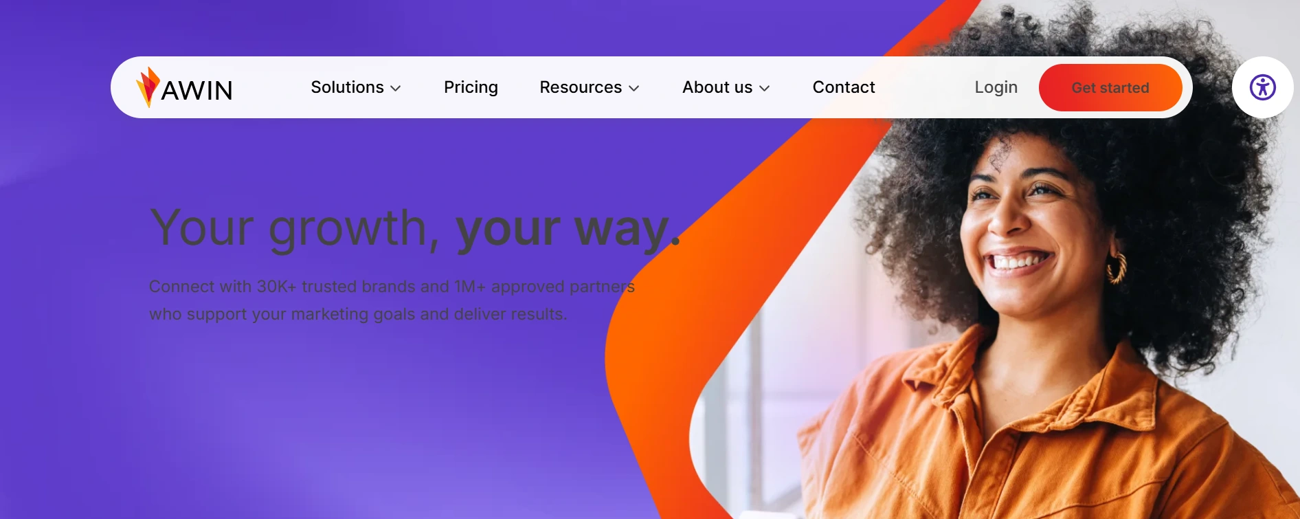 AWIN website hero section featuring the tagline "Your growth, your way" over a purple background with an orange design element next to a smiling woman with large natural hair.
