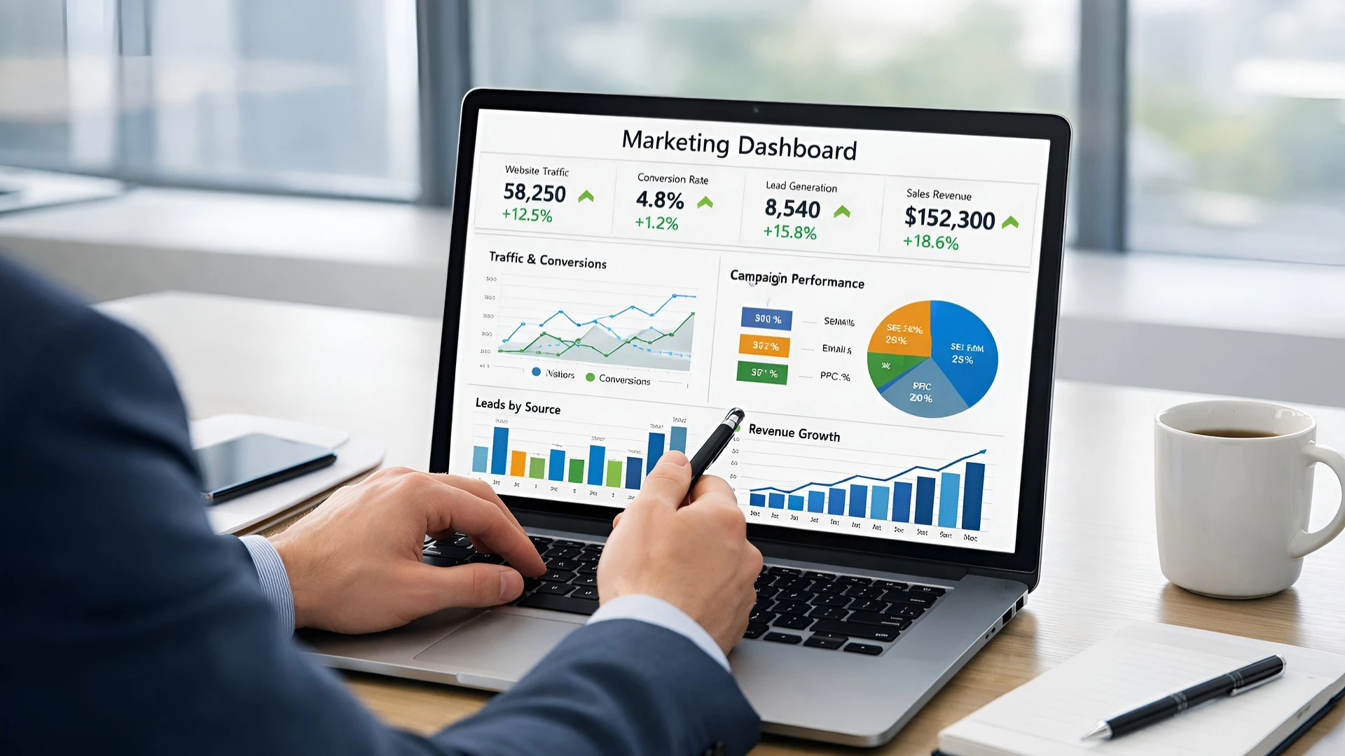 Over-the-shoulder view of a business professional analyzing a marketing dashboard displaying website traffic, conversion rates, lead generation, and sales revenue on a laptop.