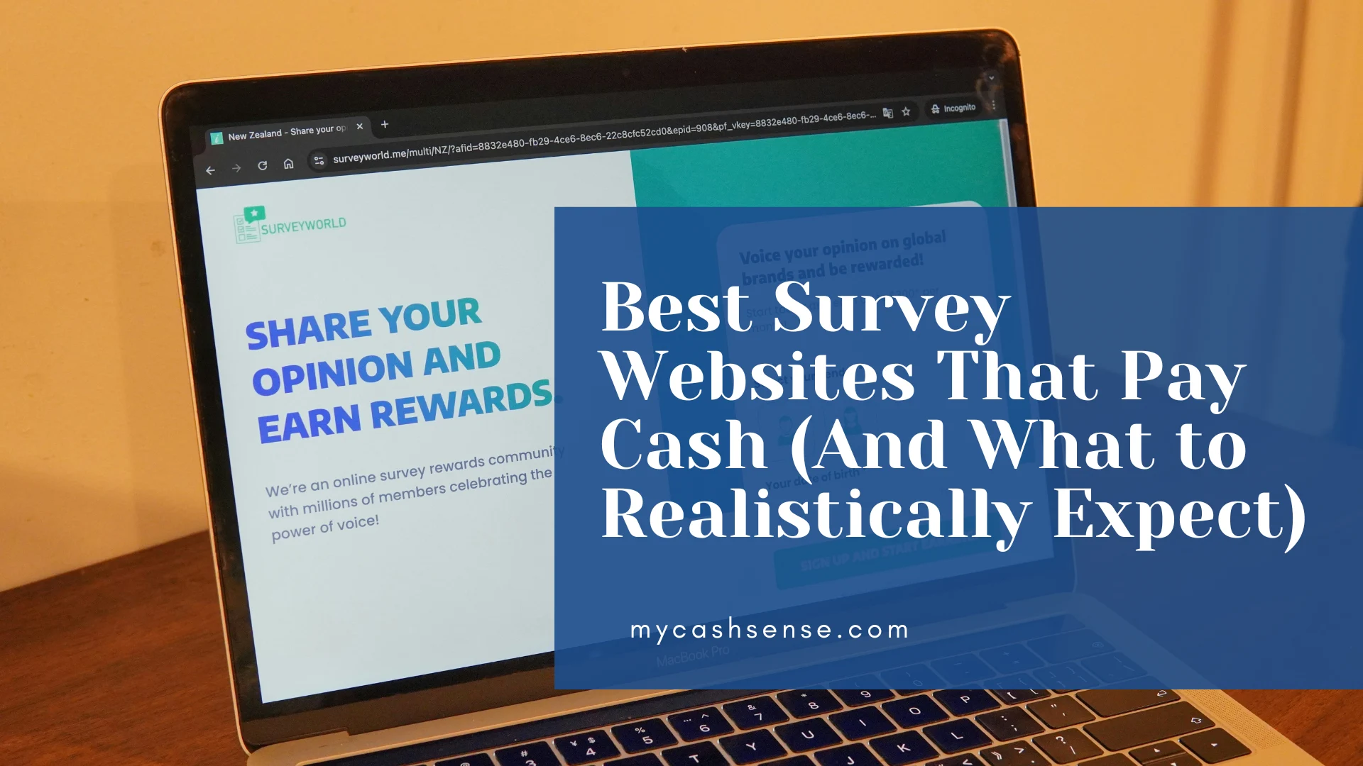 Laptop screen displaying a Surveyworld rewards page overlaid with text about the "Best Survey Websites That Pay Cash" from mycashsense.com.