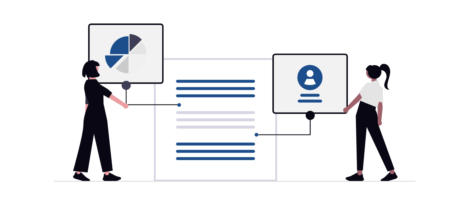 Two illustrated figures interact with a central document by referencing a data visualization screen with a pie chart and a user profile screen.