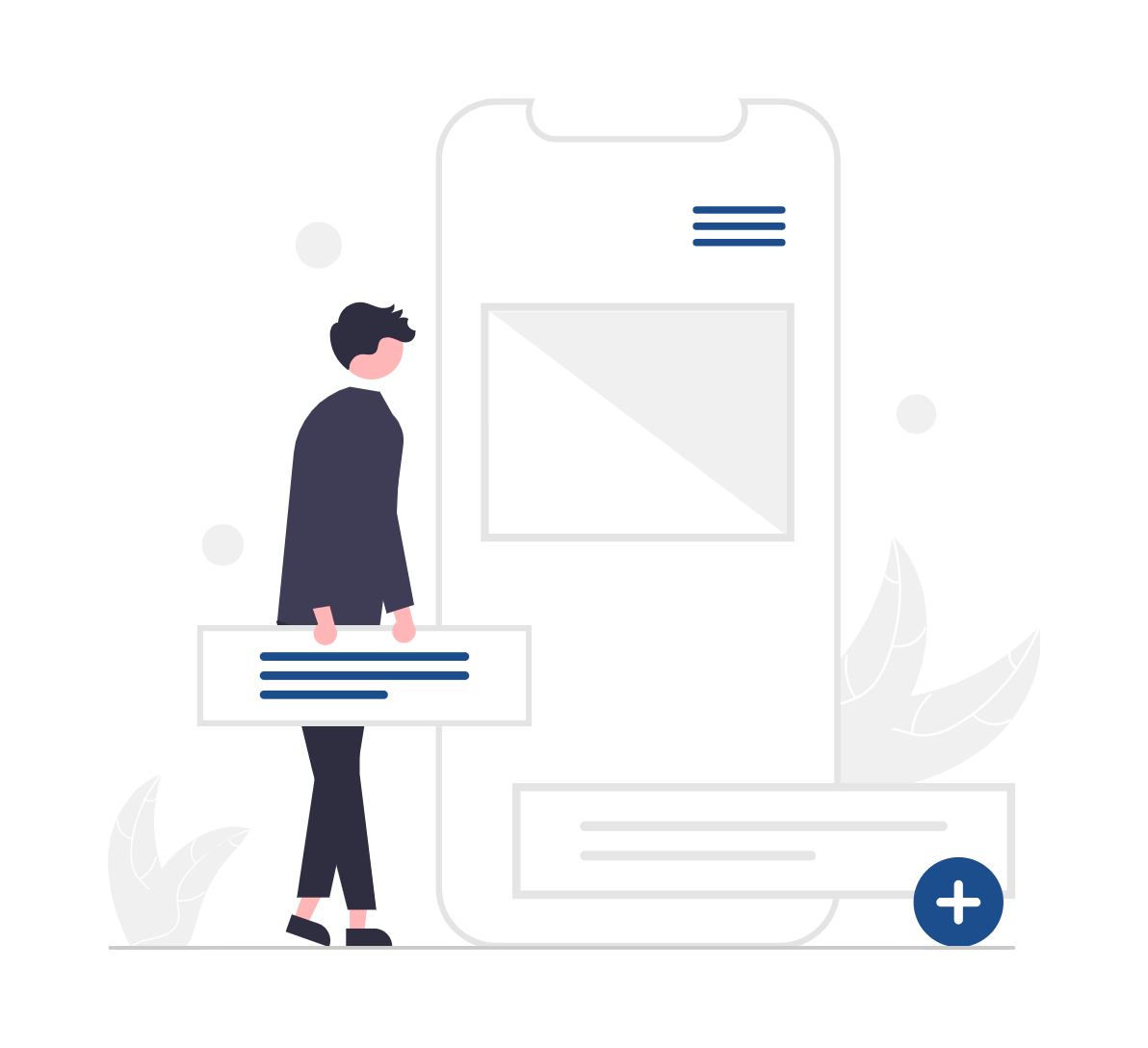 A minimalist illustration shows a person interacting with a large smartphone outline, holding a content block next to a placeholder display element.
