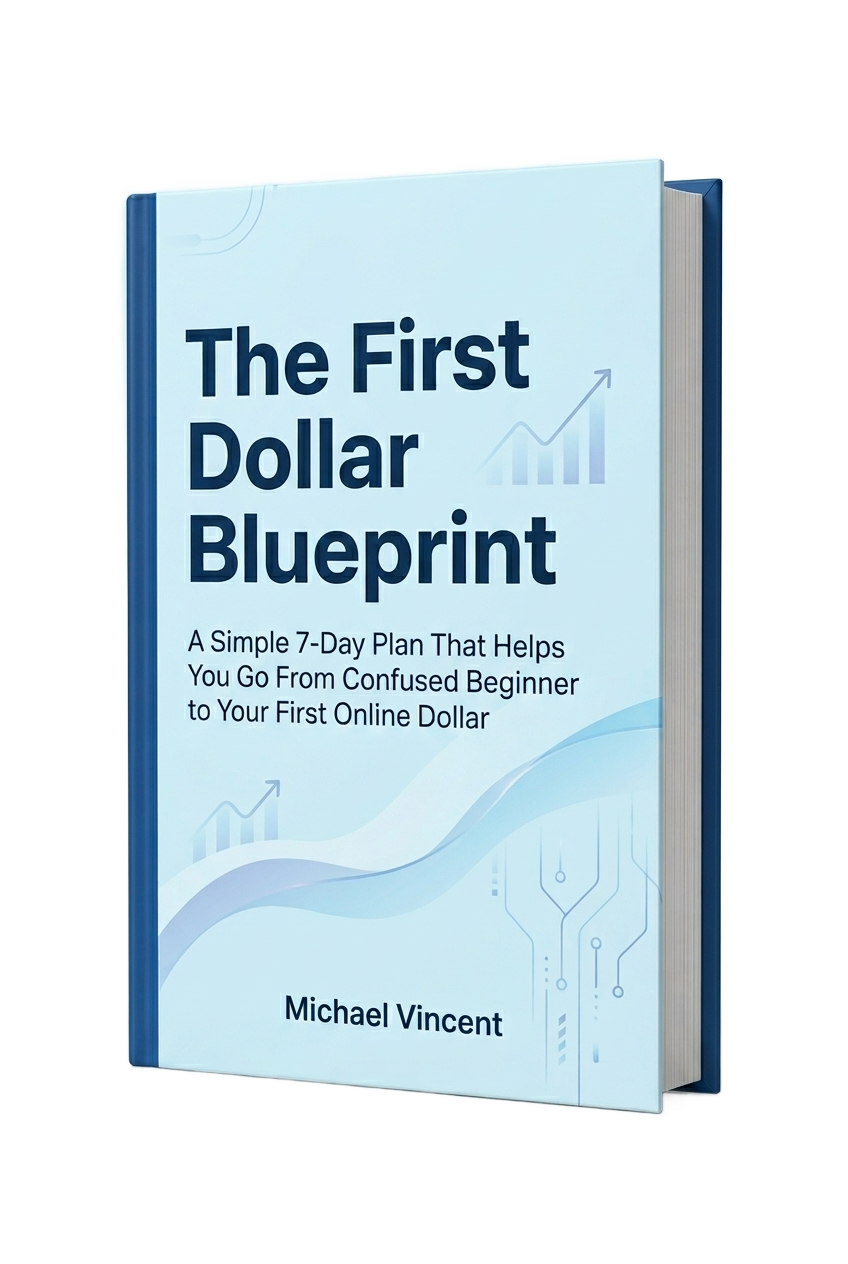 Book cover titled "The First Dollar Blueprint" by Michael Vincent, featuring light blue graphics symbolizing growth and technology.