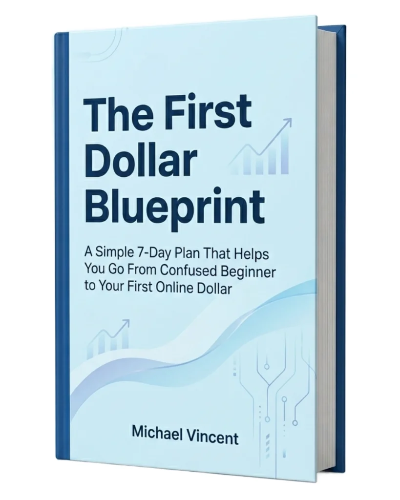 Hardcover book titled "The First Dollar Blueprint" by Michael Vincent with a light blue cover featuring growth chart graphics.