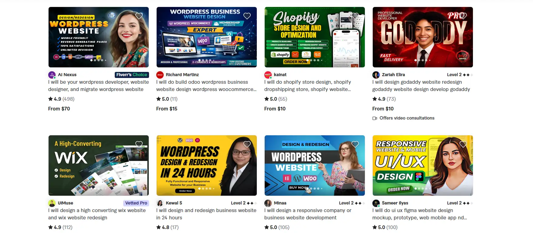 A screenshot displays a grid of Fiverr profiles layout.
