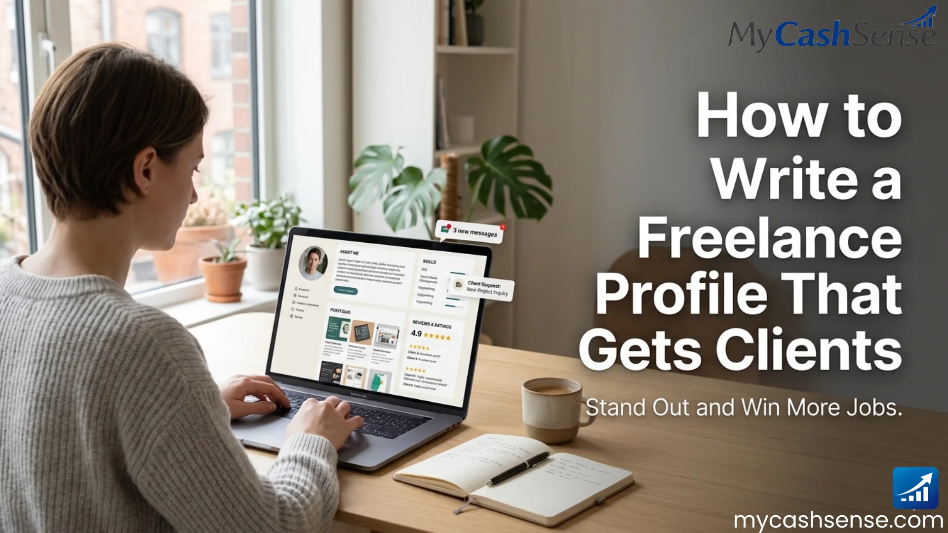 A person works on a laptop displaying a freelance profile interface next to a coffee cup and open notebook, overlaid with text promoting "How to Write a Freelance Profile That Gets Clients."