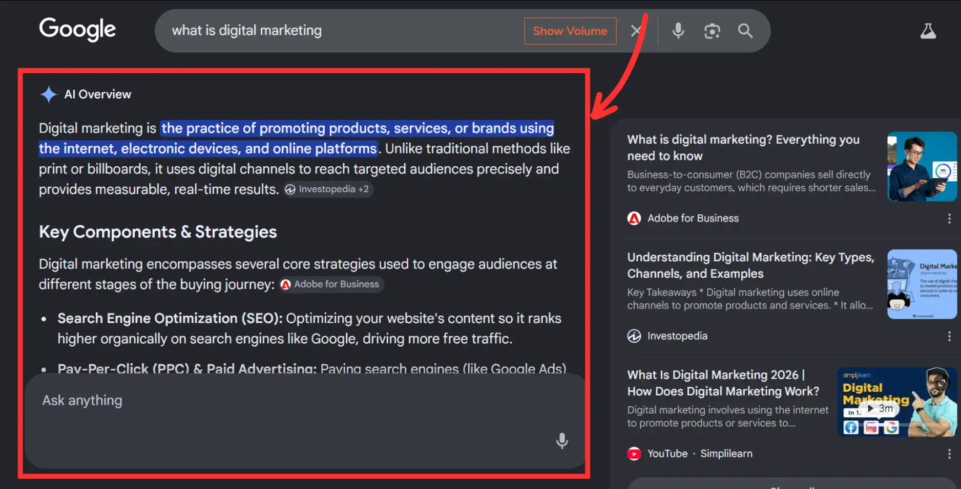 Google search results page displaying an AI Overview defining digital marketing and listing key components like SEO and PPC, alongside related links.