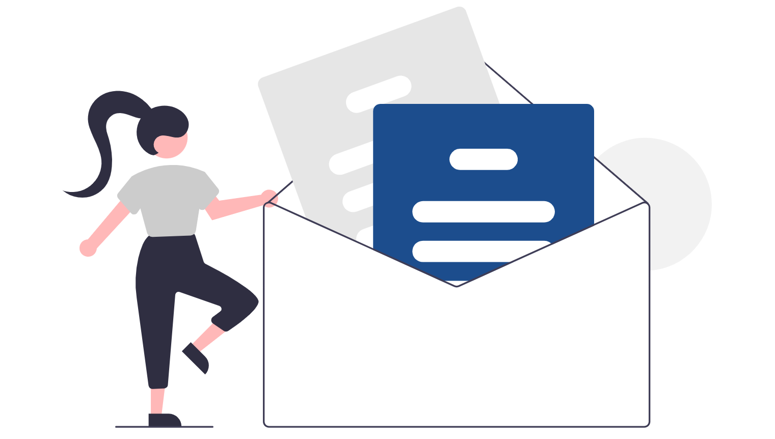 Minimalist illustration of a woman interacting with a large open white envelope containing blue and gray documents representing communication or mail.