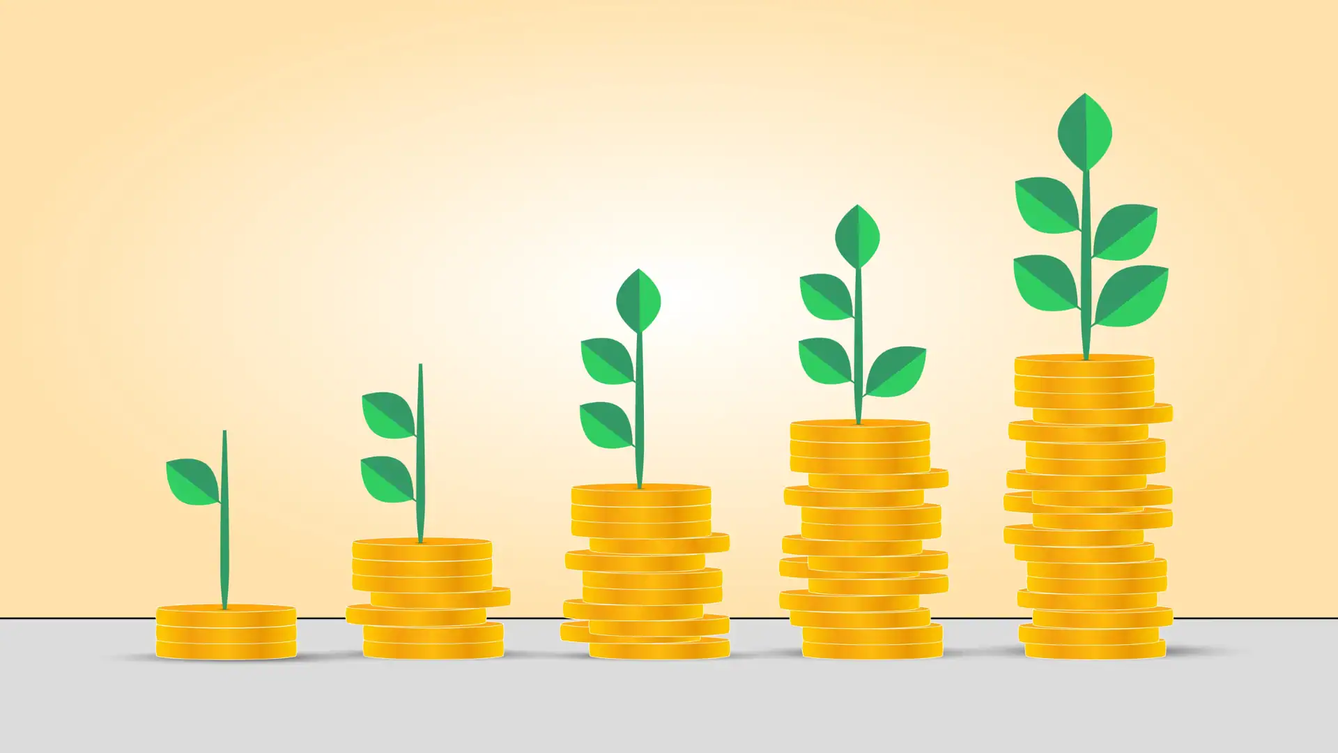 Five stacks of increasing height gold coins with green saplings growing from the top, illustrating financial growth.