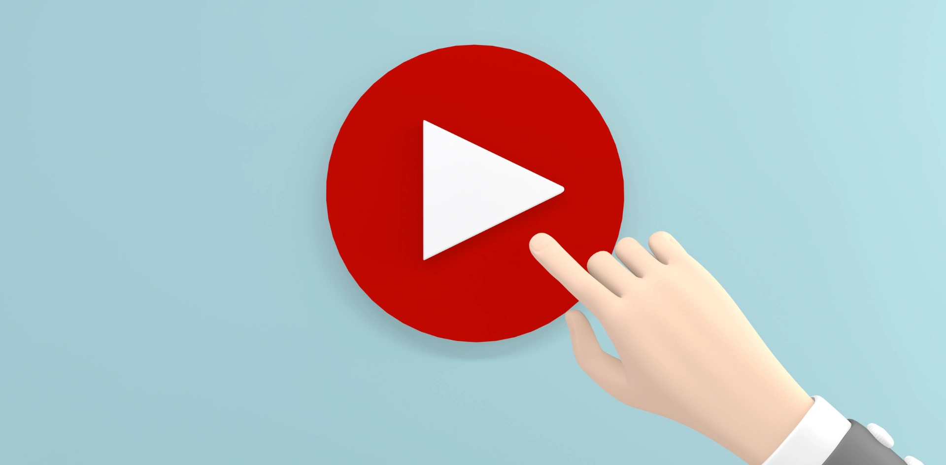 Stylized 3D hand about to press a large, white-on-red play button icon against a light blue background.