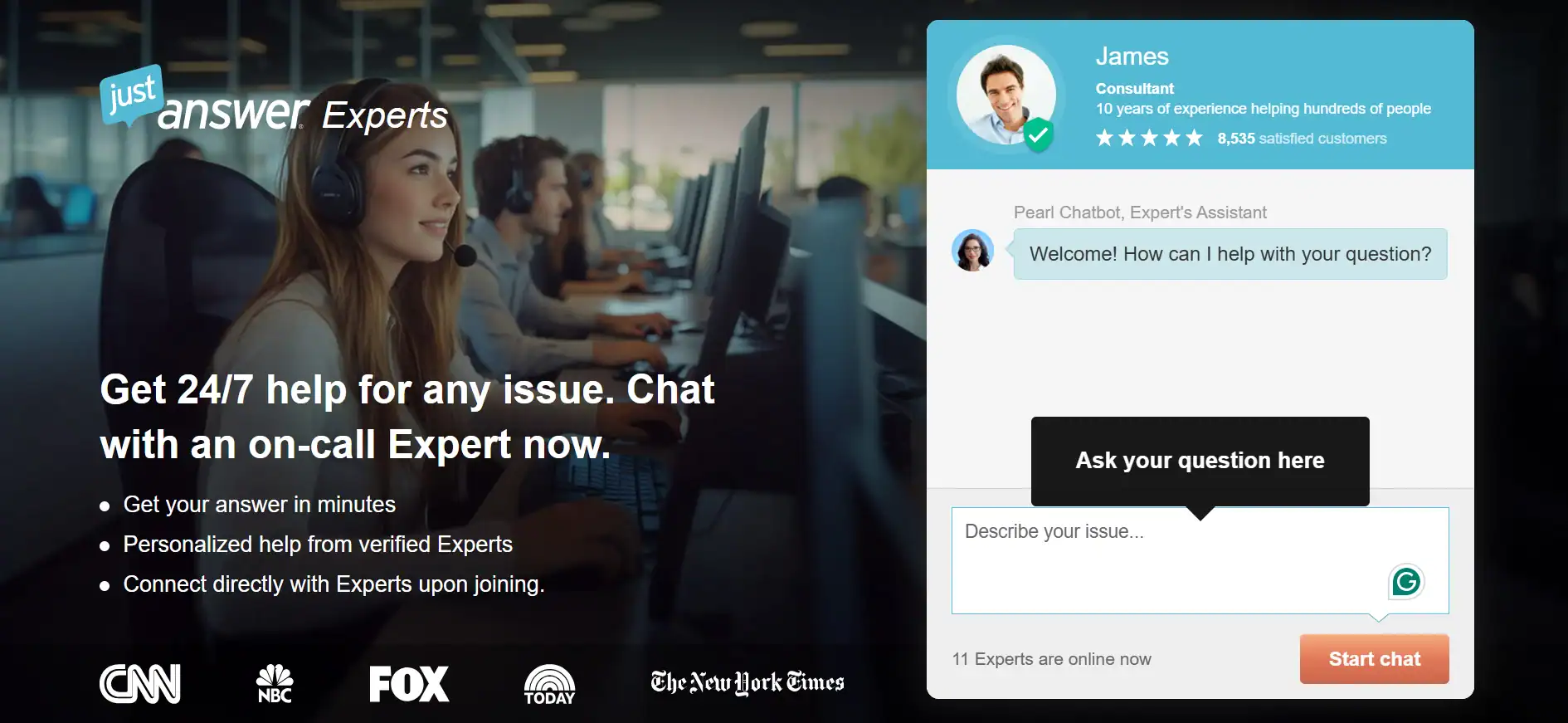 Webpage for "Just Answer Experts" featuring a customer service representative and a sample chat interface showing an expert profile and chatbot welcome message.