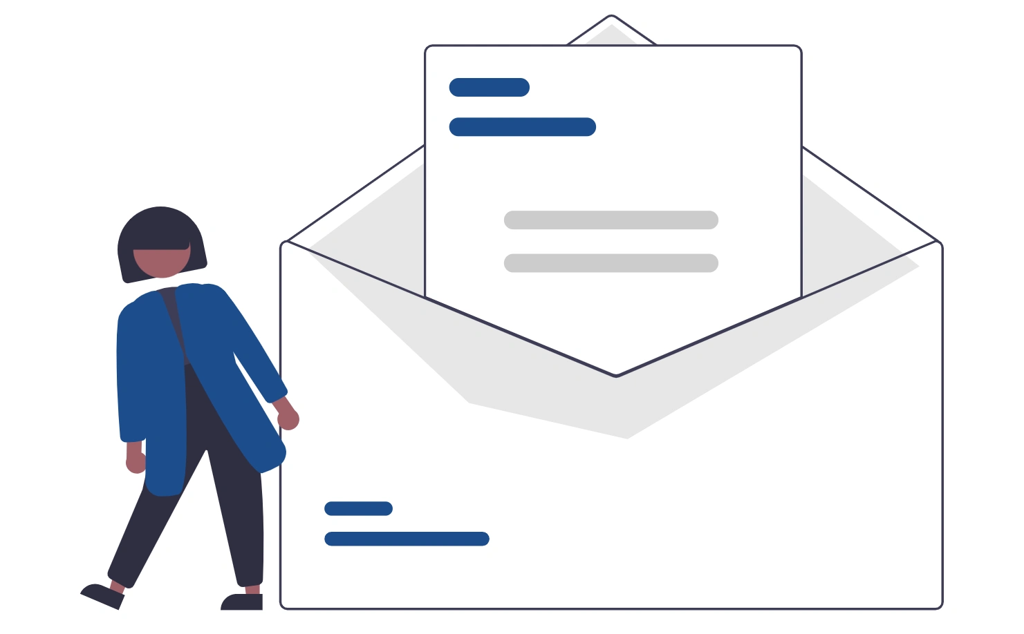 Flat illustration of a person standing next to an oversized white envelope containing a document with blue and gray lines representing text.