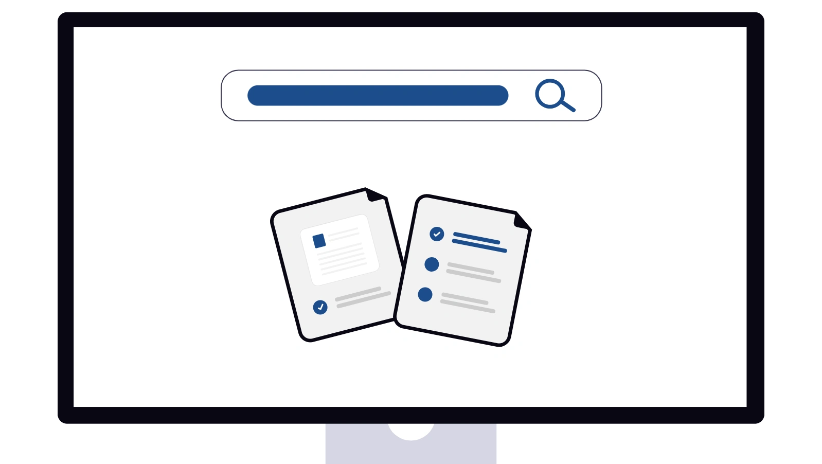 Computer screen displaying a search bar above two overlapping documents, one showing content layout and the other a checklist.