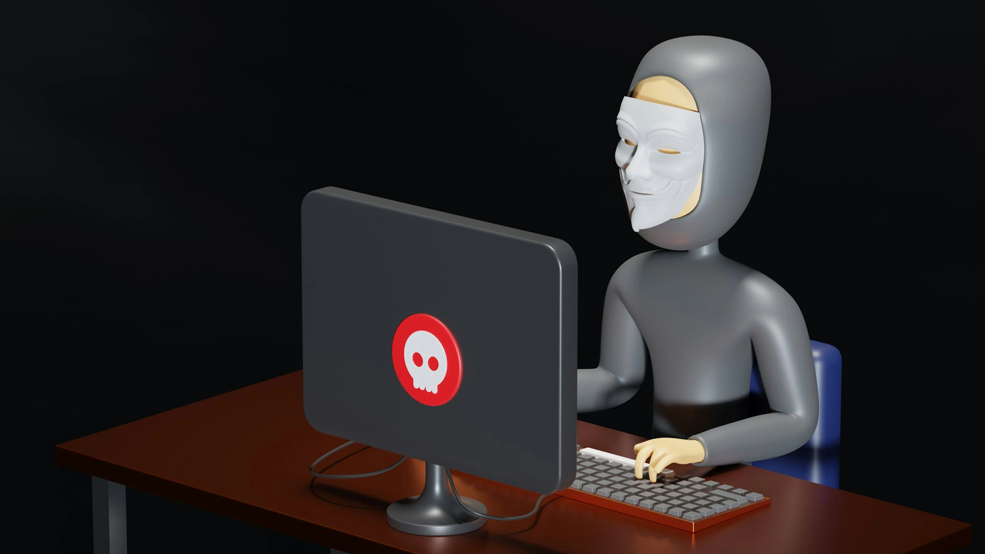 3D rendering of a stylized hacker wearing a Guy Fawkes mask and gray hoodie working at a desk with a computer displaying a red skull and crossbones logo.