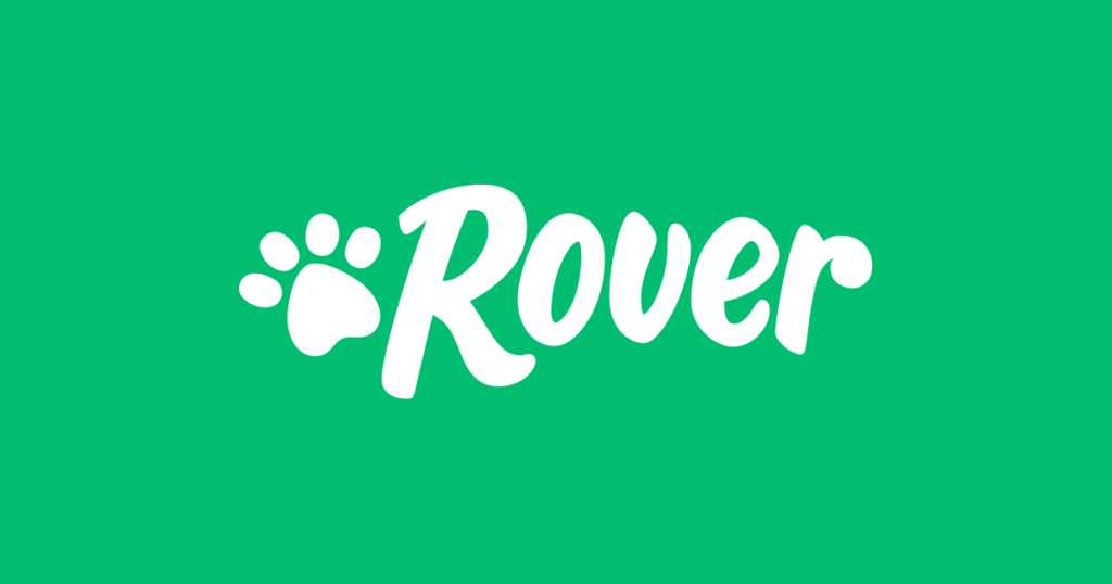 White Rover logo featuring a paw print next to the stylized script word "Rover" on a vibrant green background.
