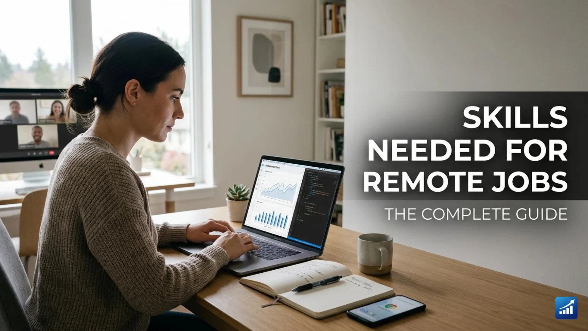 Woman working remotely on a laptop showing data analytics while on a video conference, with text overlay reading "SKILLS NEEDED FOR REMOTE JOBS THE COMPLETE GUIDE."