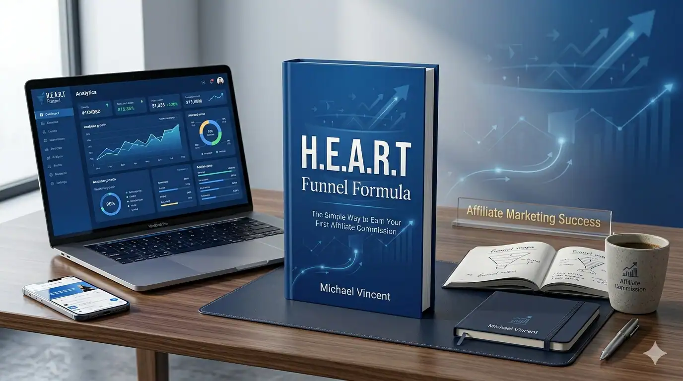 Blue book titled "H.E.A.R.T Funnel Formula" rests on a desk next to an open laptop displaying analytics dashboards, a smartphone, an open notebook, and a coffee mug.