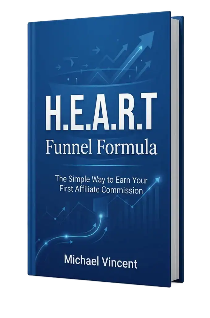 Book cover titled "H.E.A.R.T Funnel Formula: The Simple Way to Earn Your First Affiliate Commission" by Michael Vincent, featuring a dark blue design with upward-trending graph lines.