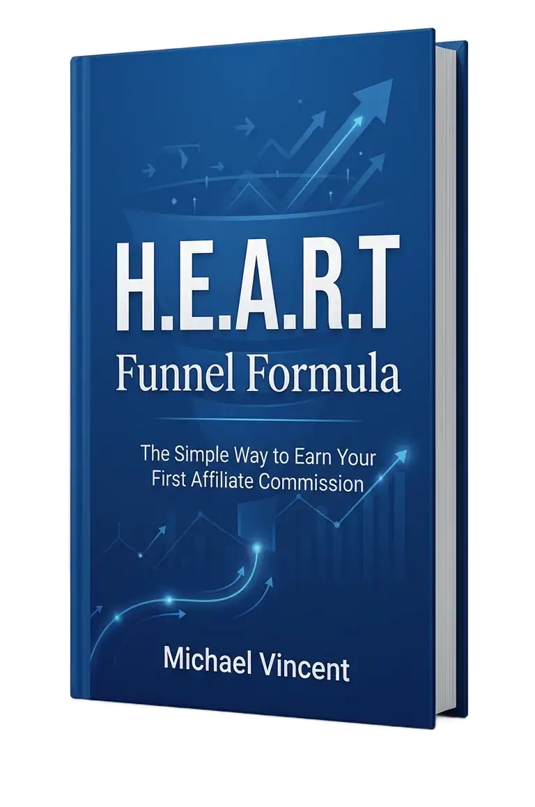 The cover of a dark blue business book titled "H.E.A.R.T Funnel Formula" by Michael Vincent, featuring white text and abstract upward-trending arrow graphics.