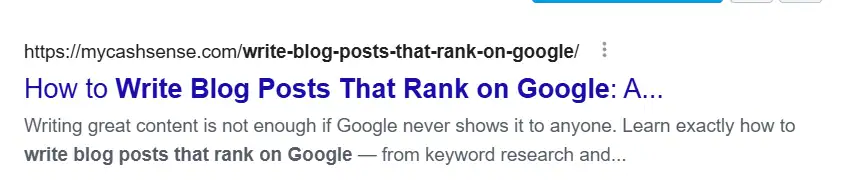 Google search result snippet showing the title "How to Write Blog Posts That Rank on Google" from mycashsense.com.