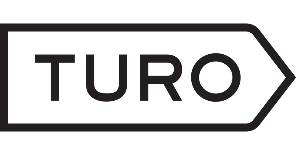Black and white Turo logo featuring the word "TURO" inside a stylized arrow or tag shape pointing to the right.