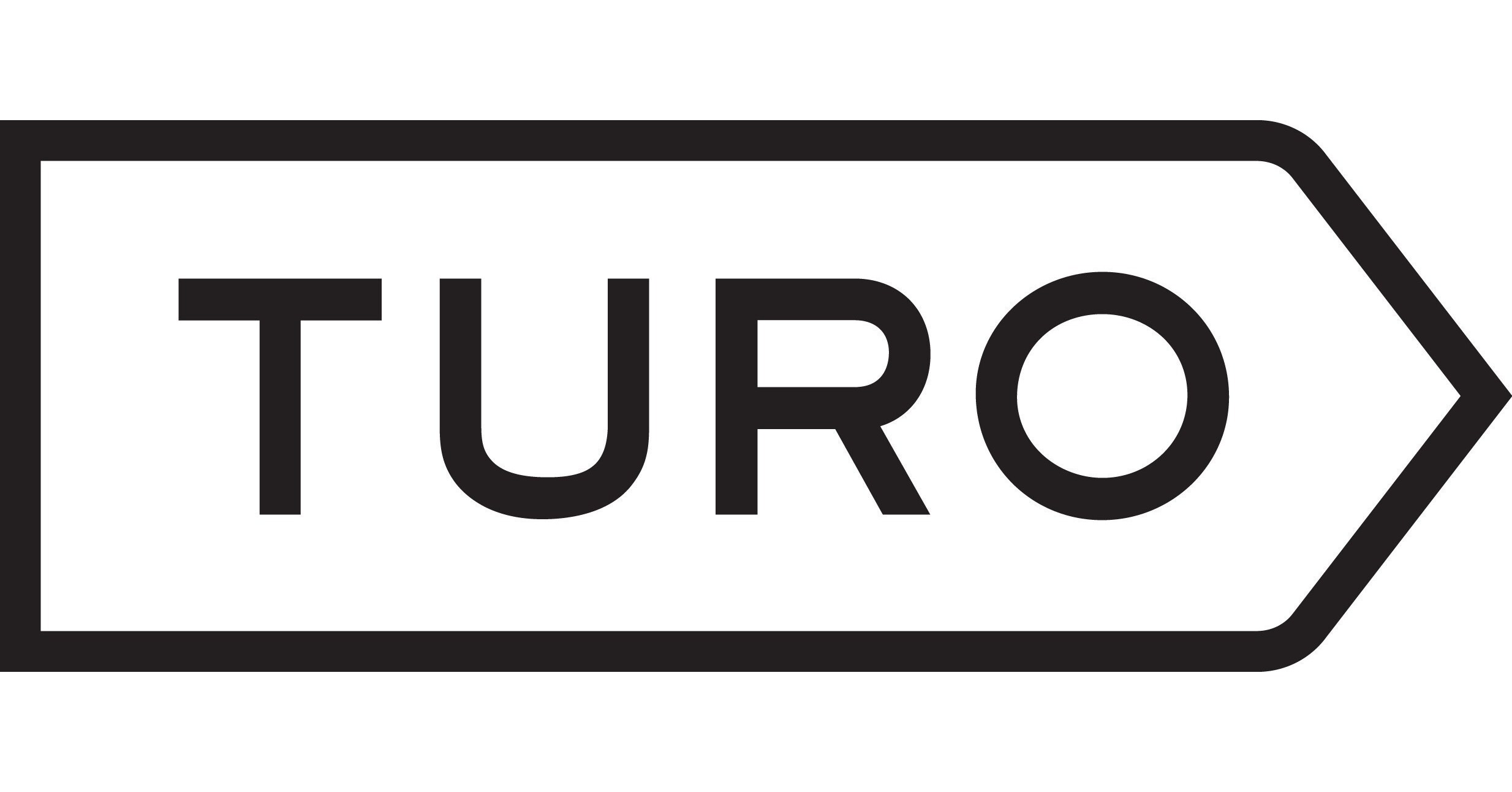 Black and white Turo logo featuring the word "TURO" inside a stylized arrow or tag shape pointing to the right.