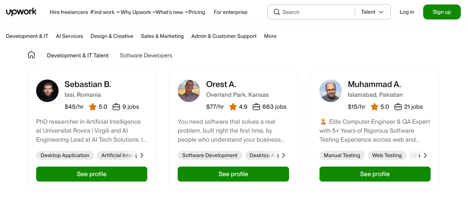A screenshot displays a grid of Upwork profiles.