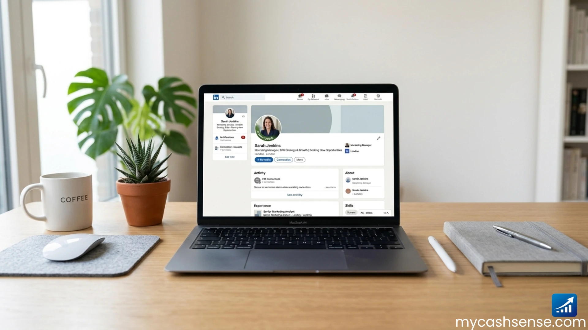 Laptop displaying a LinkedIn profile page sits on a light wooden desk next to a coffee mug, a succulent plant, and a notebook.