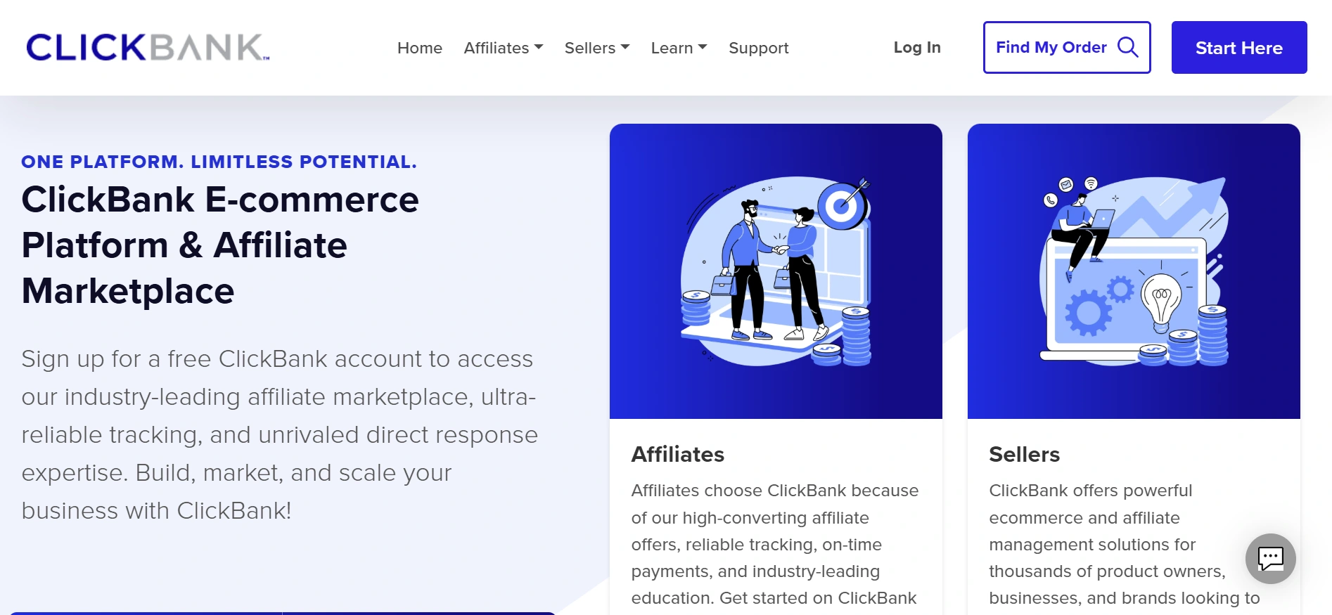 Homepage screenshot of the ClickBank E-commerce Platform & Affiliate Marketplace featuring navigation, introductory text, and distinct blue illustrated sections for Affiliates and Sellers.