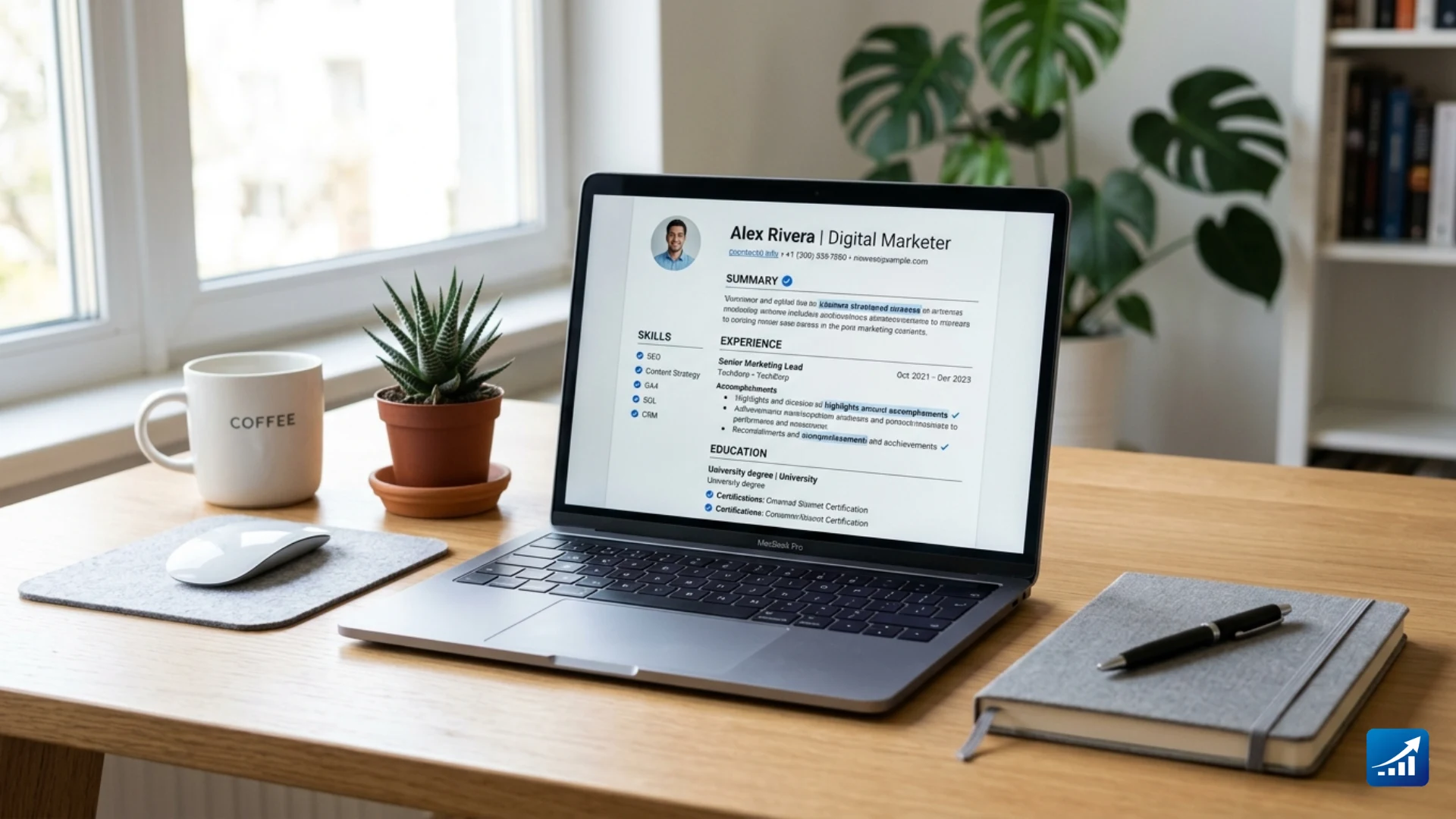Laptop displays a digital marketer's resume alongside a coffee mug, succulent plant, mouse, and notebook on a wooden desk near a bright window.