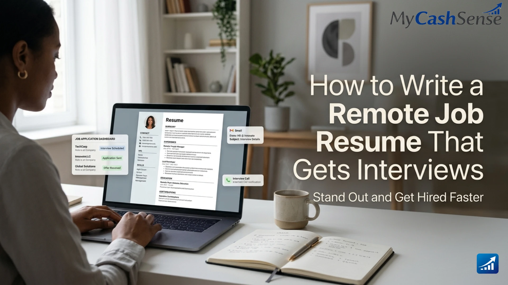 Woman working on a laptop displaying a resume and job application dashboard, overlaid with text about how to write a remote job resume.