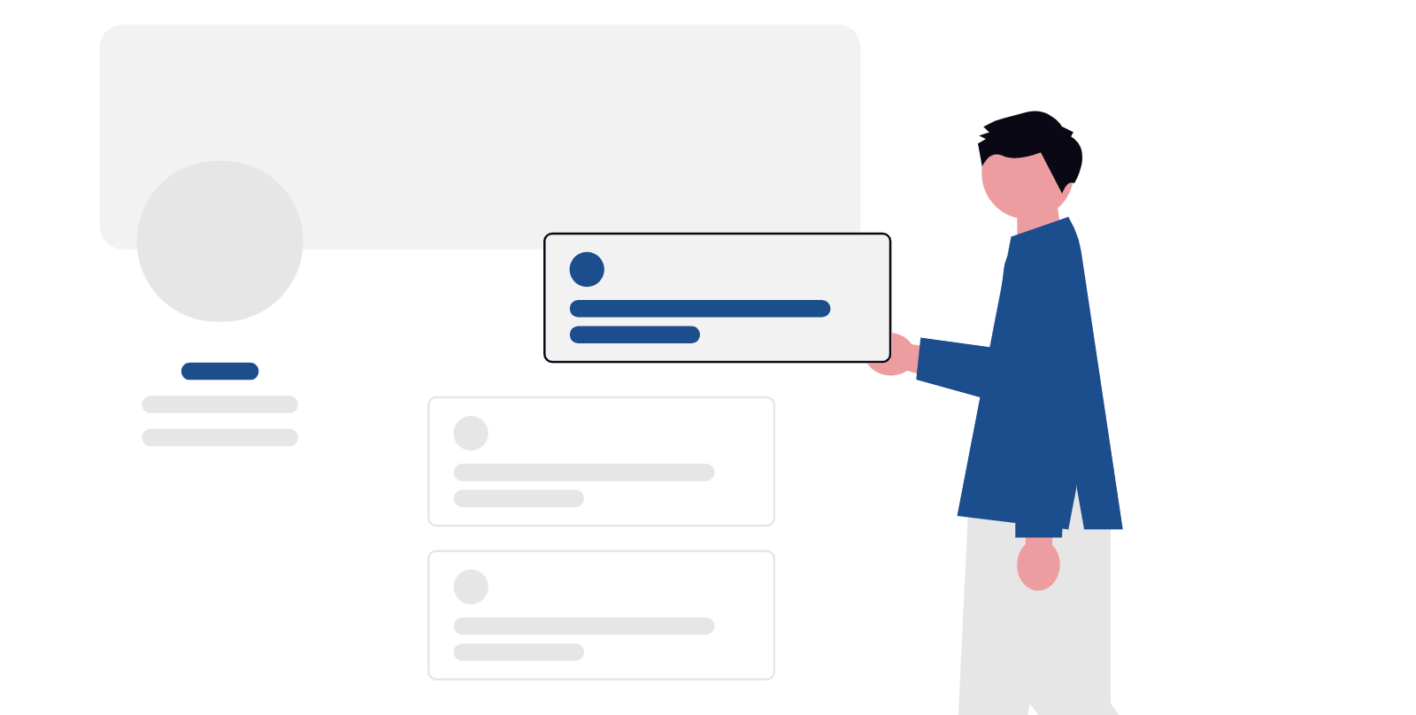 Minimalist illustration of a person interacting with a floating social media profile interface element.