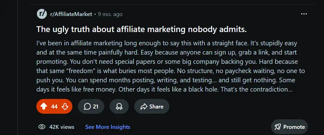 Screenshot of a Reddit post from r/AffiliateMarket titled "The ugly truth about affiliate marketing nobody admits" detailing the contradiction of its ease and difficulty.