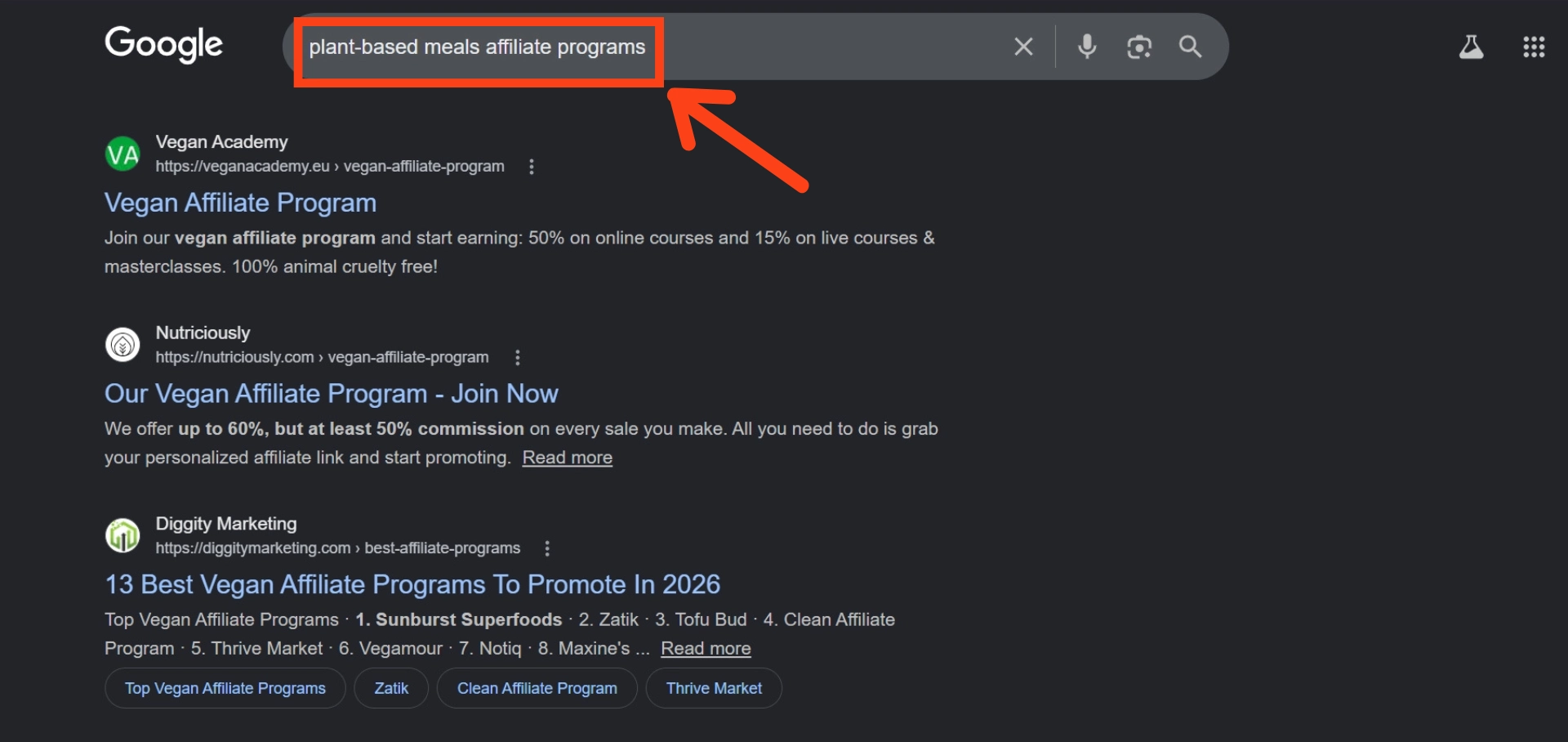 Google search results page in dark mode displaying links for "plant-based meals affiliate programs," including results from Vegan Academy and Nutriciously.
