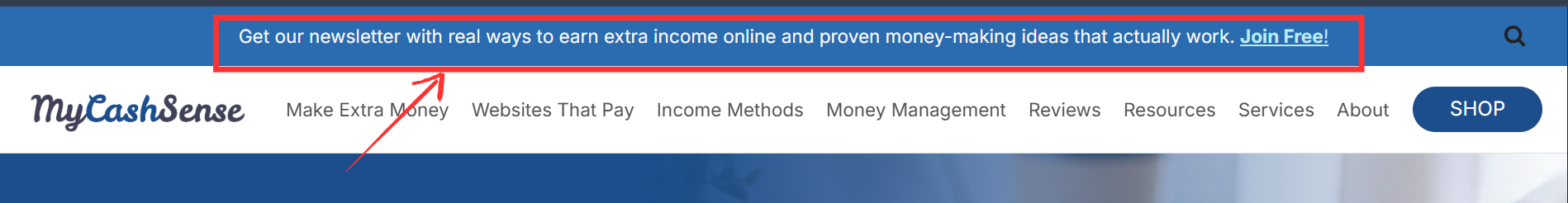 Website banner offering a newsletter with money-making ideas and a "Join Free!" button, alongside navigation links and a "SHOP" button.