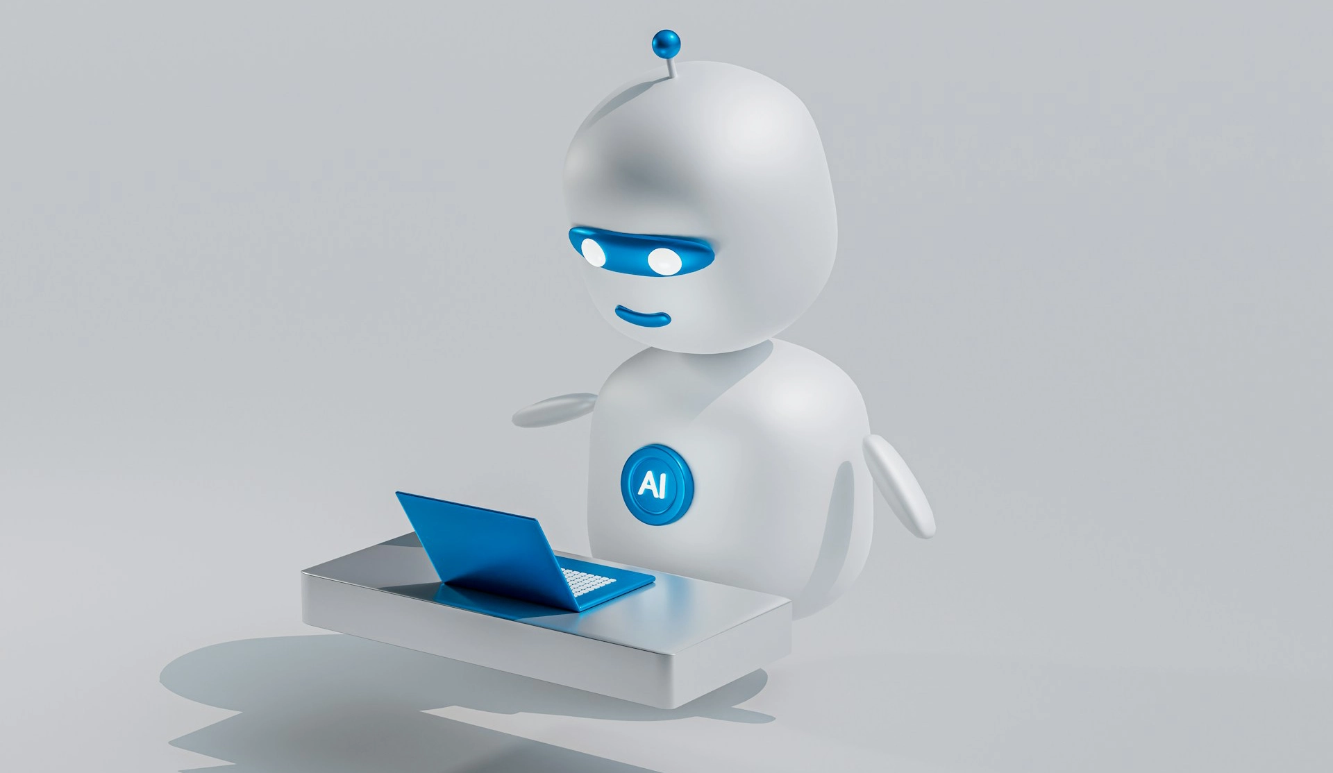 A cute white AI robot with blue glowing eyes sits at a desk with a blue laptop.
