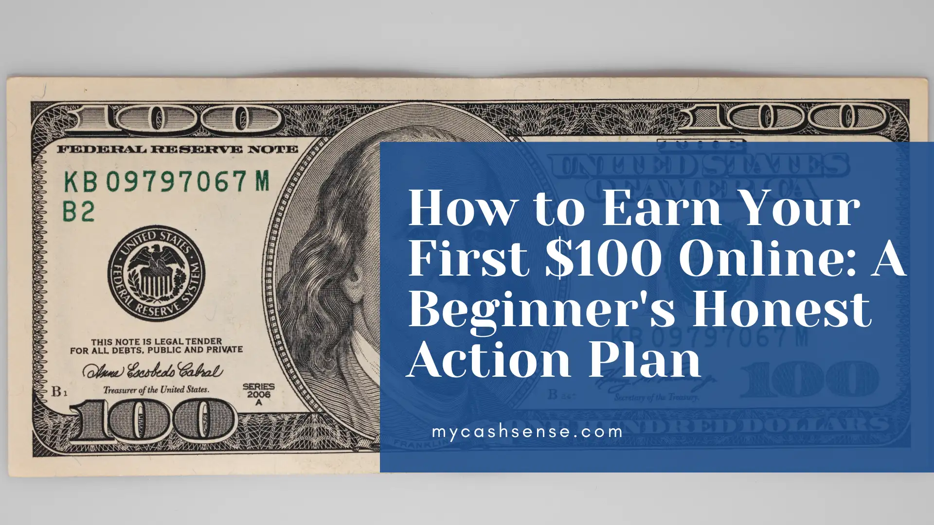A U.S. $100 bill overlaid with text "How to Earn Your First $100 Online: A Beginner's Honest Action Plan".