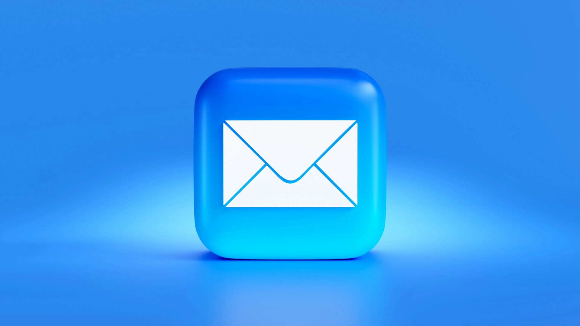 A white email envelope icon on a rounded blue square against a bright blue background.