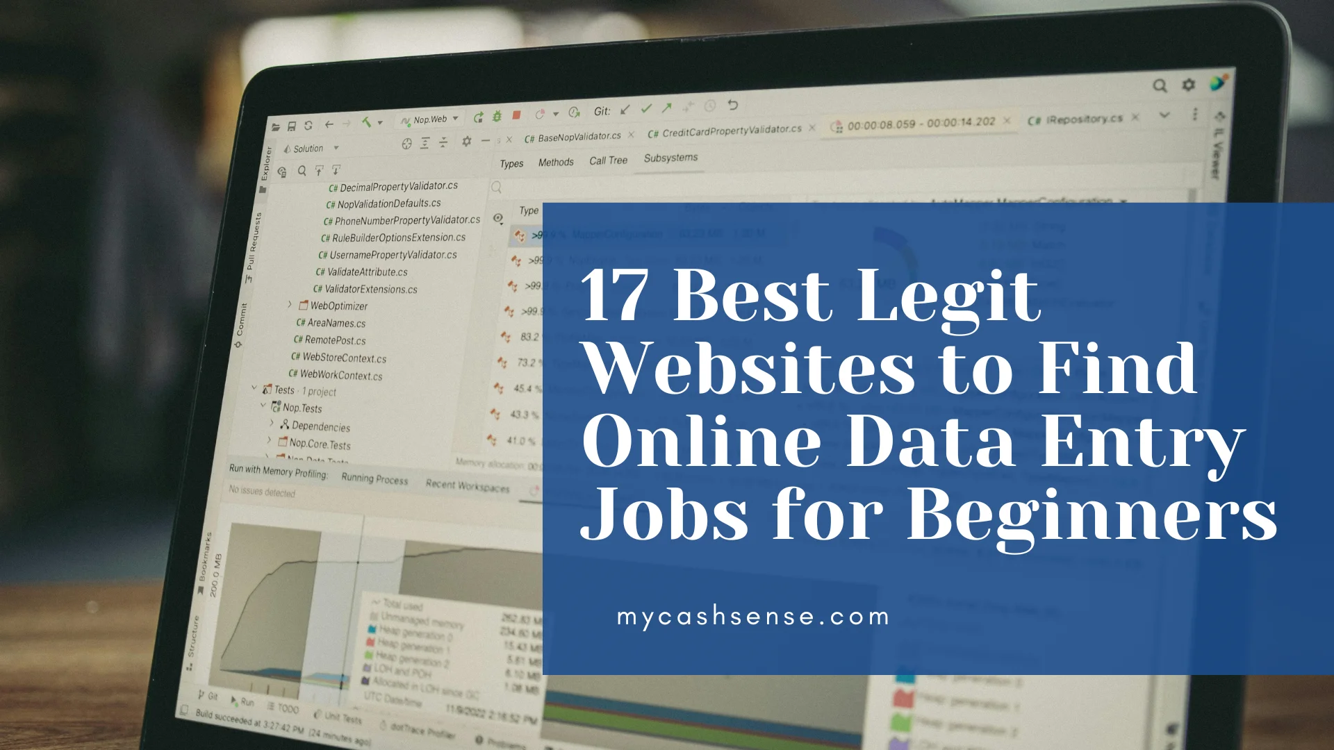Laptop screen displaying "17 Best Legit Websites to Find Online Data Entry Jobs for Beginners" overlaid on code and graphs.