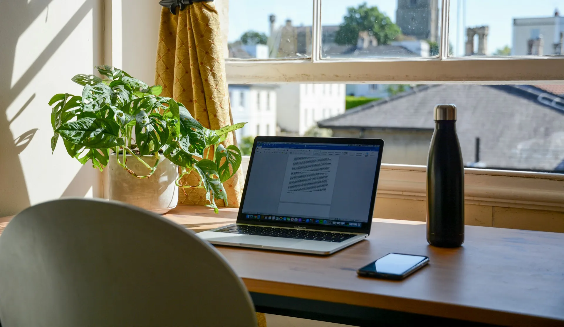 Desk setup with laptop, phone, water bottle, and potted plant near a sunlit window overlooking buildings.