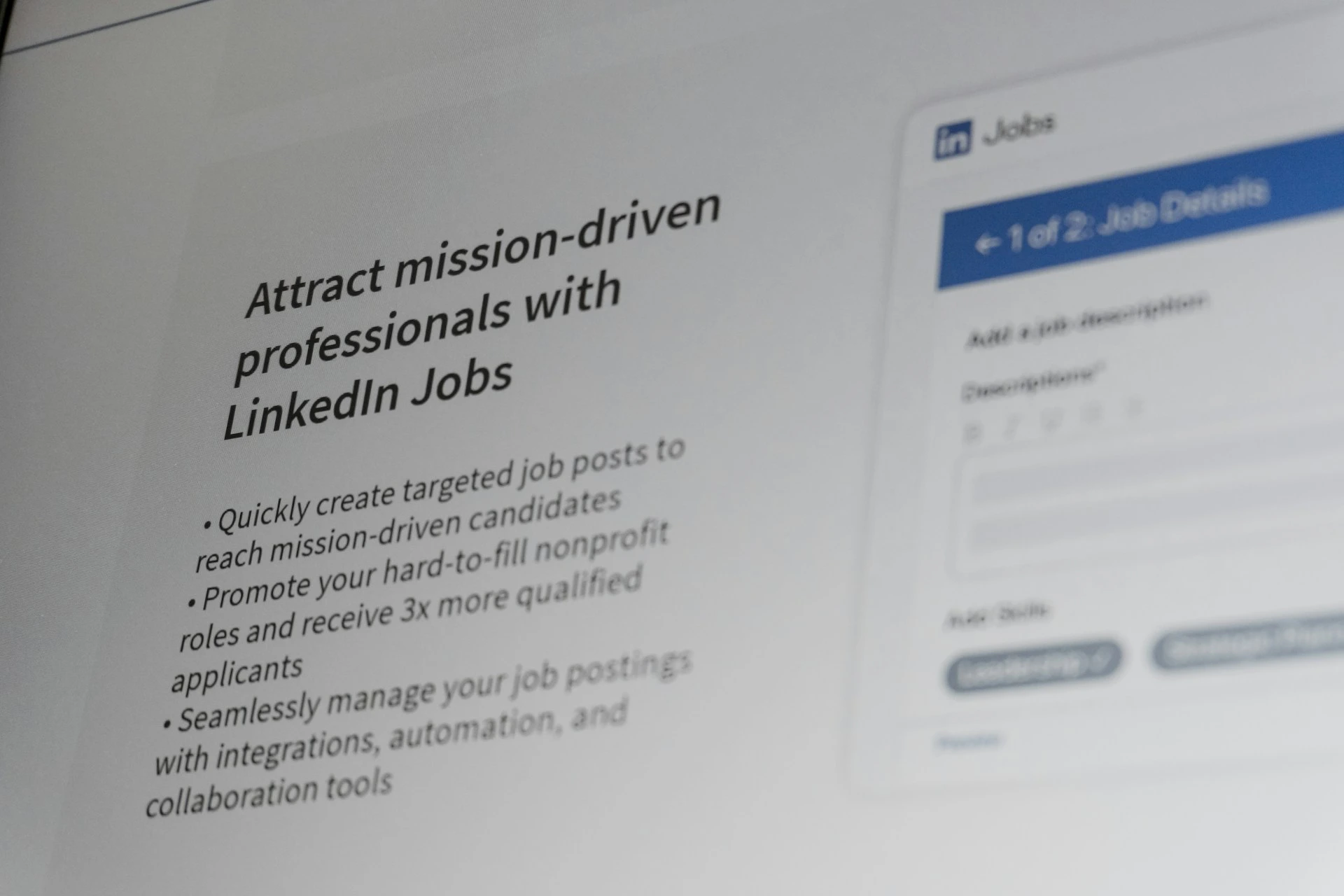 Close-up of a screen displaying "Attract mission-driven professionals with LinkedIn Jobs" and job posting creation fields.