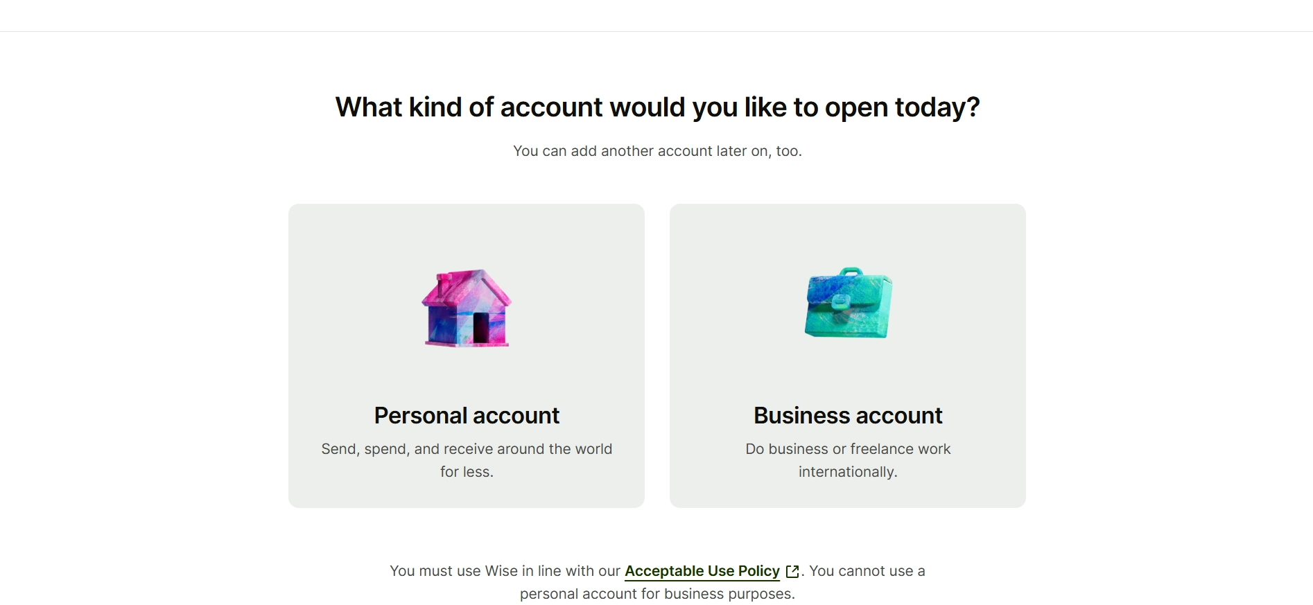 Two account options, "Personal account" with a house icon and "Business account" with a briefcase icon, are presented on a webpage asking "What kind of account would you like to open today?".