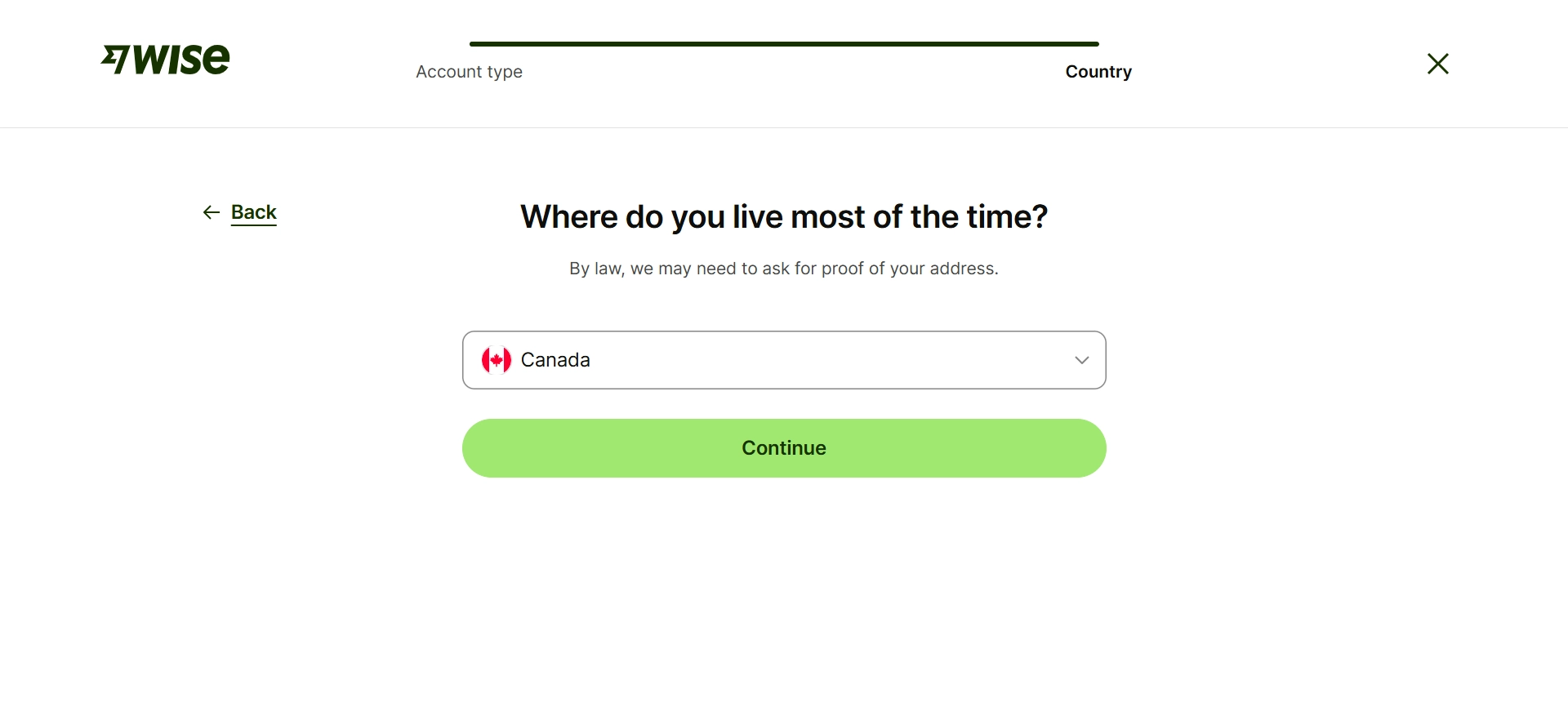 Wise app screen asking "Where do you live most of the time?" with Canada selected and a Continue button.