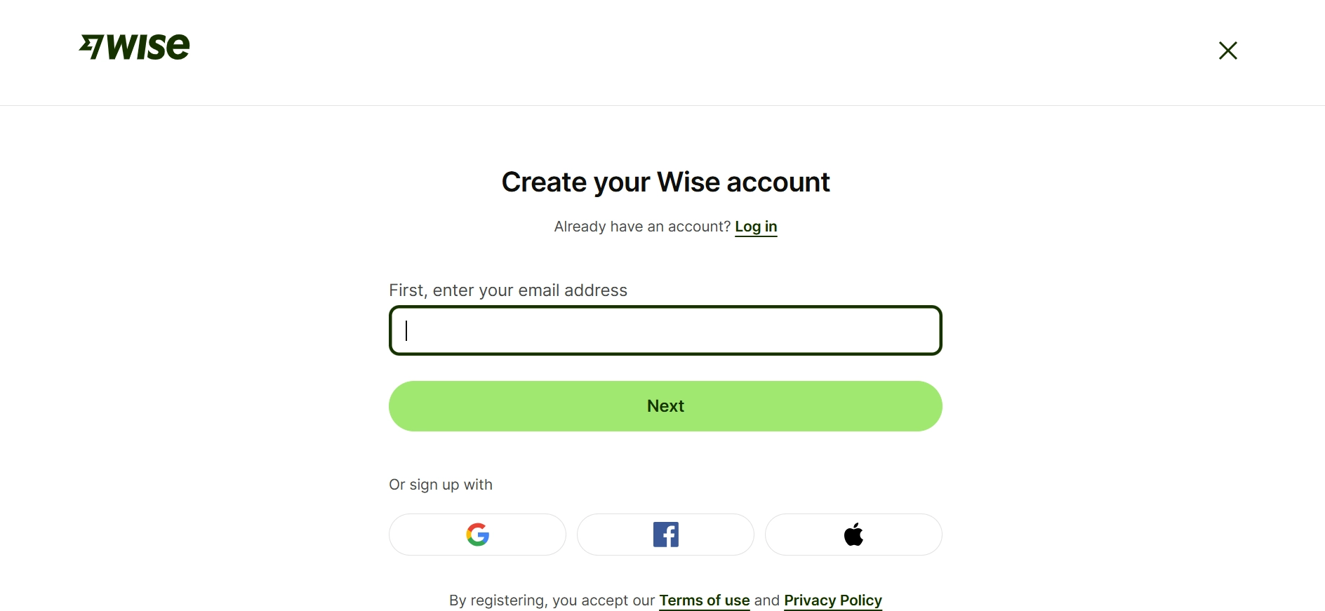 Wise account creation page with fields for email, next button, and social sign-in options.