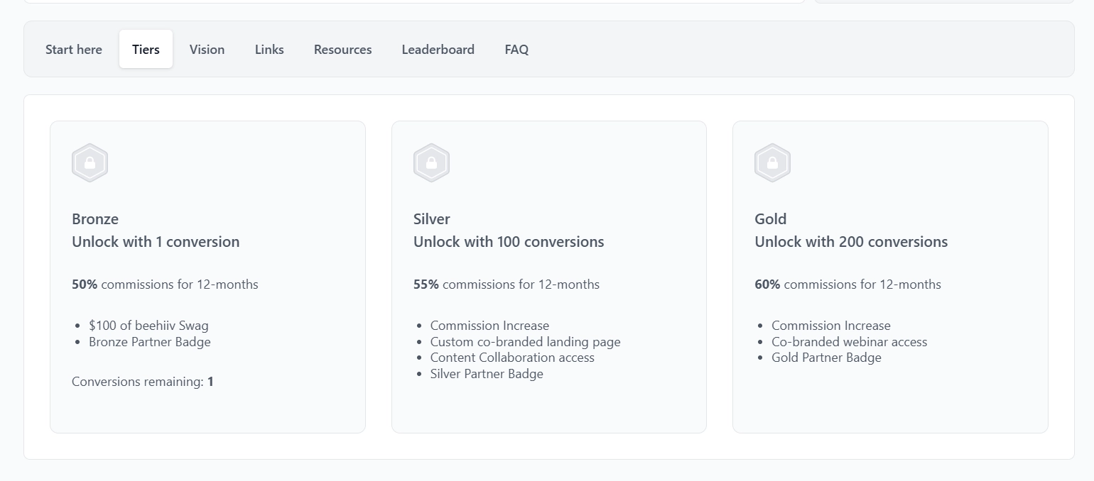Beehiiv partner program tiers display unlock requirements and benefits for Bronze, Silver, and Gold levels.
